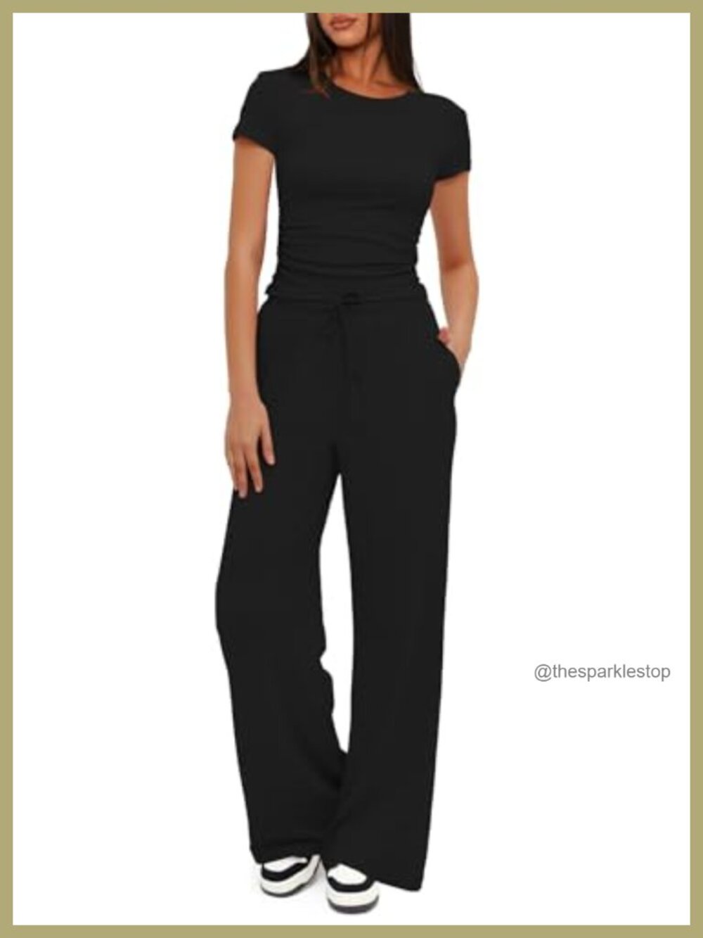 Women's 2 Piece Lounge Set Short Sleeve Ruched Top Wide Leg Pants